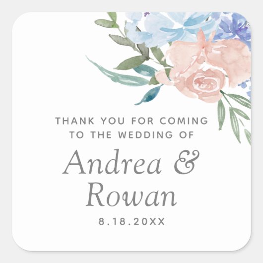Dusty Blue en Pink Floral Wedding Vierkante Sticker (Voorkant)