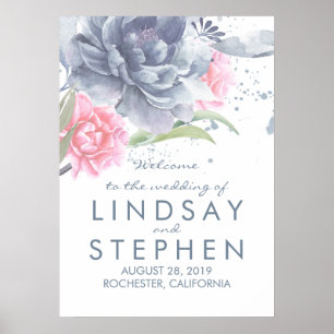 Dusty Blue en Pink Floral Wedding Welcome Sign Poster
