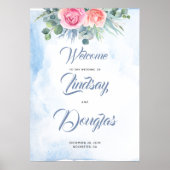 Dusty Blue en Pink Floral Wedding Welcome Sign Poster (Voorkant)