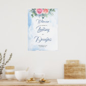 Dusty Blue en Pink Floral Wedding Welcome Sign Poster (Keuken)
