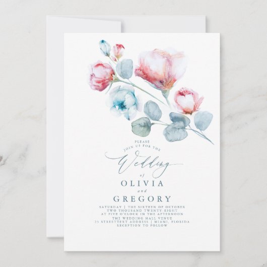 Dusty Blue en Pink Flowers Elegant Wedding Kaart (Voorkant)