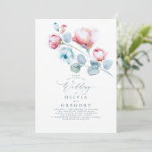 Dusty Blue en Pink Flowers Elegant Wedding Kaart (Staand voorkant)