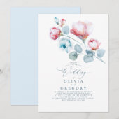 Dusty Blue en Pink Flowers Elegant Wedding Kaart (Voorkant / Achterkant)