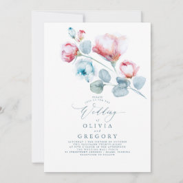 Dusty Blue en Pink Flowers Elegant Wedding Kaart