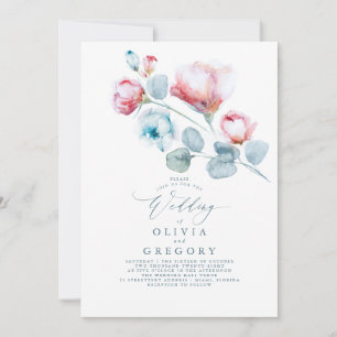 Dusty Blue en Pink Flowers Elegant Wedding Kaart