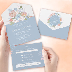 Dusty Blue en Pink Rose & Peony Bloemen All In One Uitnodiging