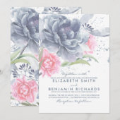 Dusty Blue en Pink Waterverf Flowers Wedding Kaart (Voorkant / Achterkant)