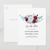 Dusty Blue en Red Floral Waterverf Save the Date Aankondigingskaart (Voorkant / Achterkant)