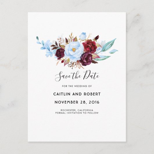 Dusty Blue en Red Floral Waterverf Save the Date Aankondigingskaart (Voorkant)