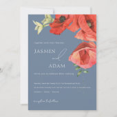 Dusty Blue en Red Poppies bruiloft uitnodiging (Voorkant)