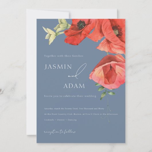 Dusty Blue en Red Poppies bruiloft uitnodiging (Voorkant)