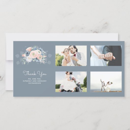 Dusty Blue en Roos Floral Wedding Bedankt (Voorkant)