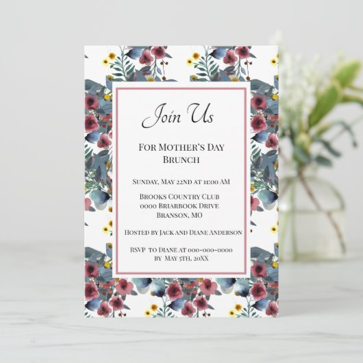 Dusty Blue en Roos Flowers Moederdag Brunch Kaart (Staand voorkant)