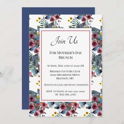 Dusty Blue en Roos Flowers Moederdag Brunch Kaart (Voorkant / Achterkant)