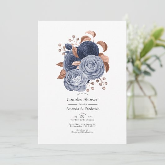 Dusty Blue en Roos Gold Floral Couples Shower Kaart (Staand voorkant)