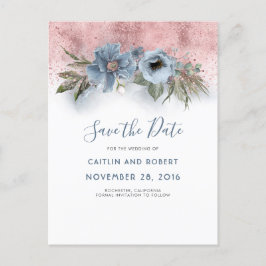 Dusty Blue en Roos Gold Floral Save the Date Aankondigingskaart