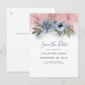 Dusty Blue en Roos Gold Floral Save the Date Aankondigingskaart (Voorkant / Achterkant)
