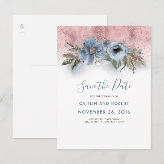Dusty Blue en Roos Gold Floral Save the Date Aankondigingskaart (Voorkant / Achterkant)