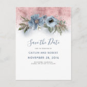 Dusty Blue en Roos Gold Floral Save the Date Aankondigingskaart (Voorkant)