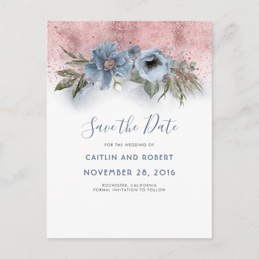 Dusty Blue en Roos Gold Floral Save the Date Aankondigingskaart (Voorkant)