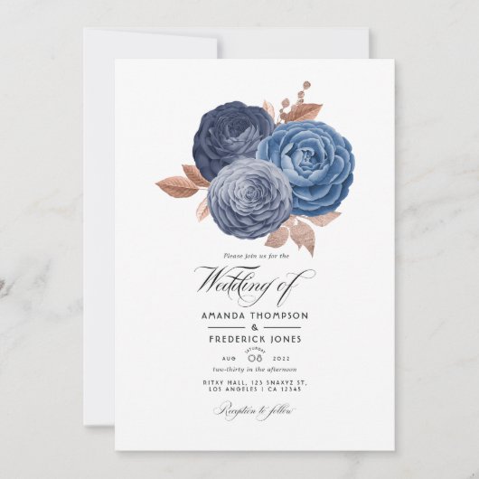 Dusty Blue en Roos Gold Floral Wedding Invitation Kaart (Voorkant)