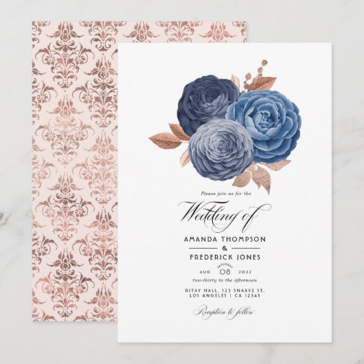 Dusty Blue en Roos Gold Floral Wedding Invitation Kaart (Voorkant / Achterkant)