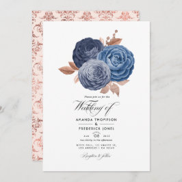 Dusty Blue en Roos Gold Floral Wedding Invitation Kaart