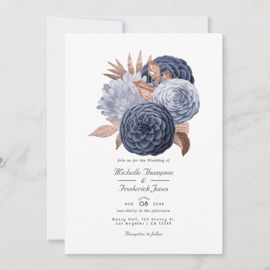 Dusty Blue en Roos Gold Floral Wedding Kaart (Voorkant)