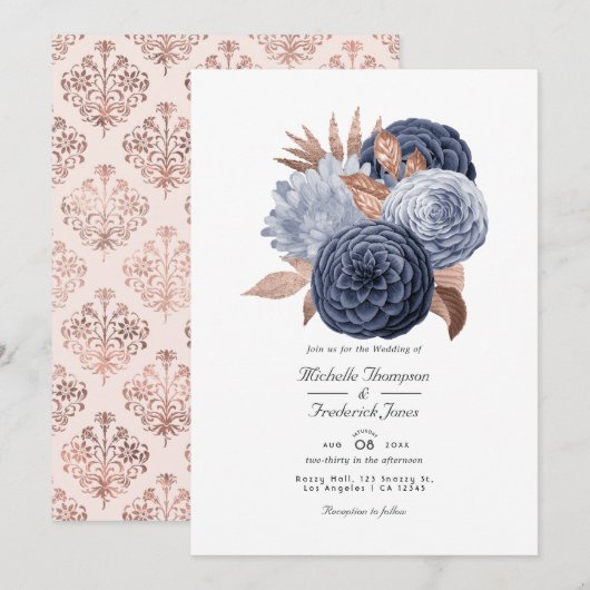 Dusty Blue en Roos Gold Floral Wedding Kaart (Voorkant / Achterkant)