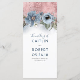 Dusty Blue en Roos Gold Floral Wedding-programma's Programmakaart