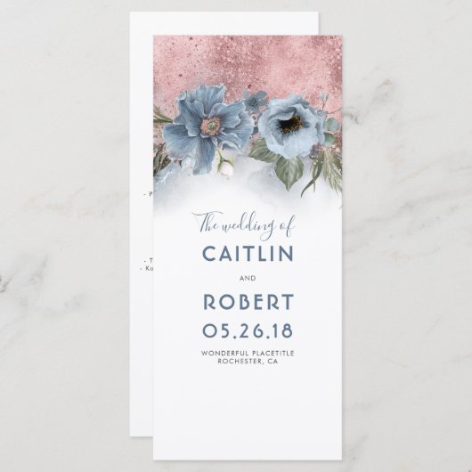 Dusty Blue en Roos Gold Floral Wedding-programma's Programmakaart (Voorkant / Achterkant)
