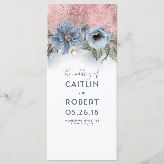 Dusty Blue en Roos Gold Floral Wedding-programma's Programmakaart (Voorkant)