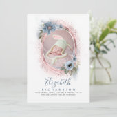 Dusty Blue en Roos Gold Foto Baby Geboorte Aankondiging (Staand voorkant)