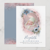 Dusty Blue en Roos Gold Foto Baby Geboorte Aankondiging (Voorkant / Achterkant)