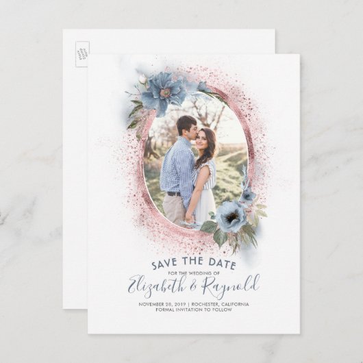 Dusty Blue en Roos Gold | Foto De datum opslaan Aankondigingskaart (Voorkant / Achterkant)