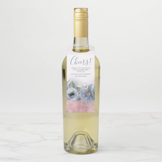 Dusty Blue en Roos Gouden Glitter Modern Bruiloft Flessenhanger (Op fles)