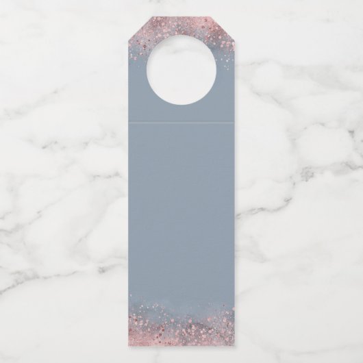 Dusty Blue en Roos Gouden Glitter Modern Bruiloft Flessenhanger (Achterkant)