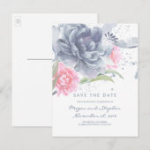Dusty Blue en Roos Quartz Floral Save the Date Aankondigingskaart (Voorkant / Achterkant)
