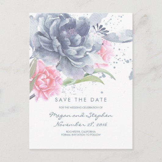 Dusty Blue en Roos Quartz Floral Save the Date Aankondigingskaart (Voorkant)