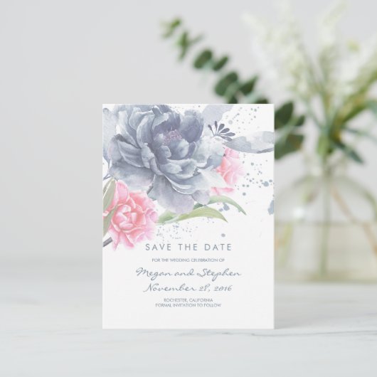 Dusty Blue en Roos Quartz Floral Save the Date Aankondigingskaart (Staand voorkant)