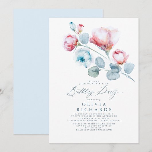Dusty Blue en roze Romantic Floral Birthday Kaart (Voorkant / Achterkant)