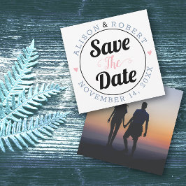 Dusty blue en roze typografie foto op de achterkan save the date