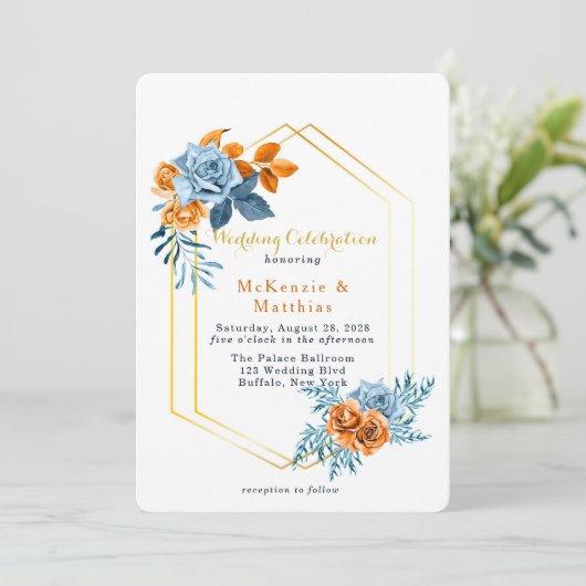 Dusty Blue en Rusty Peony Floral Wedding Kaart (Staand voorkant)