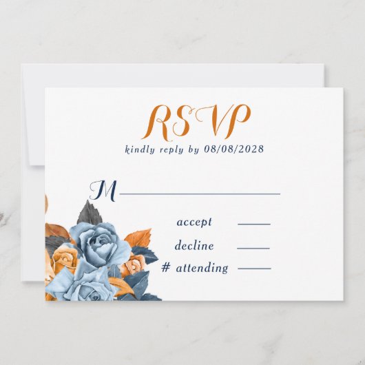 Dusty Blue en Rusty Peony Floral Wedding RSVP Kaar Kaart (Voorkant)