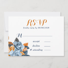 Dusty Blue en Rusty Peony Floral Wedding RSVP Kaar Kaart