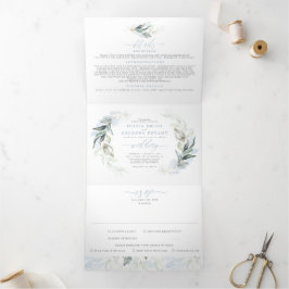 Dusty Blue en Sage Elegant Greenery Wedding Drieluik Uitnodiging
