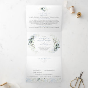 Dusty Blue en Sage Elegant Greenery Wedding Drieluik Uitnodiging