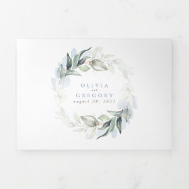 Dusty Blue en Sage Elegant Greenery Wedding Drieluik Uitnodiging