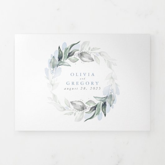 Dusty Blue en Sage Elegant Greenery Wedding Drieluik Uitnodiging (Cover)