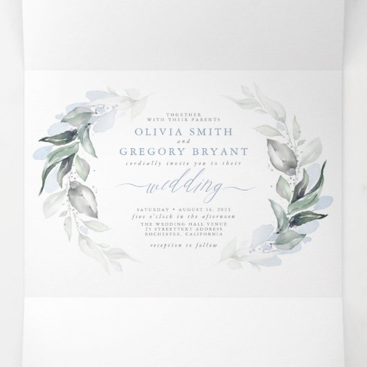 Dusty Blue en Sage Elegant Greenery Wedding Drieluik Uitnodiging (Binnenkant midden)